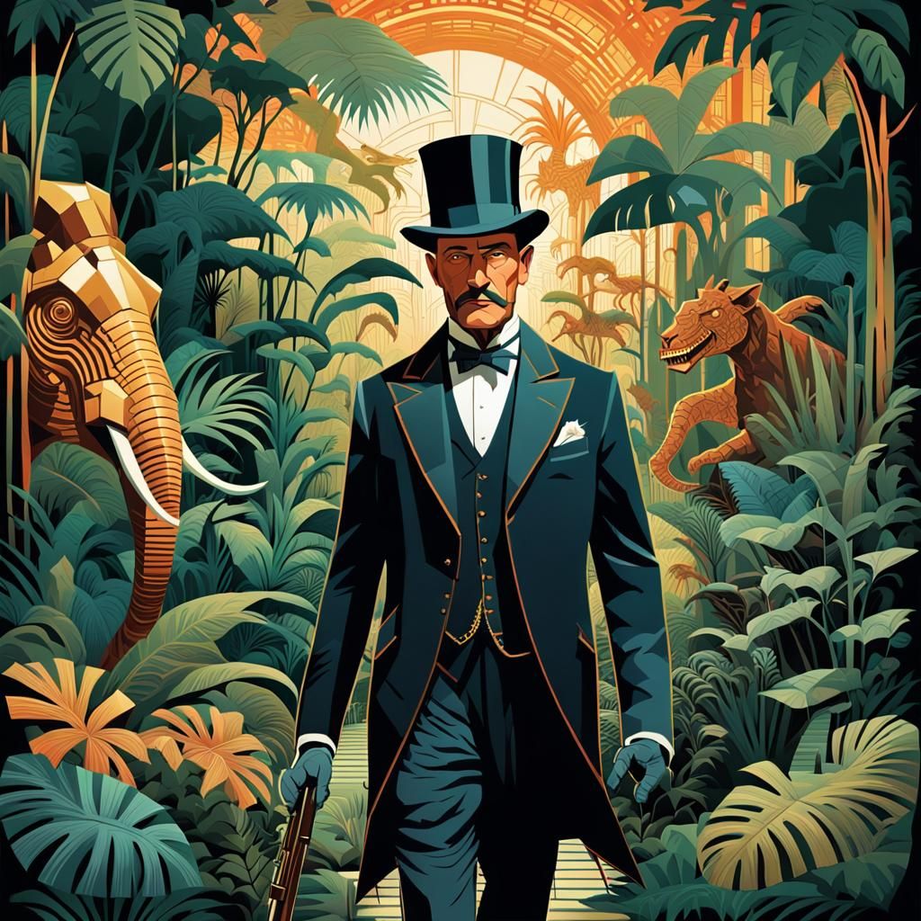 Victorian Dinosaur Hunter in Cubist Art Deco Style