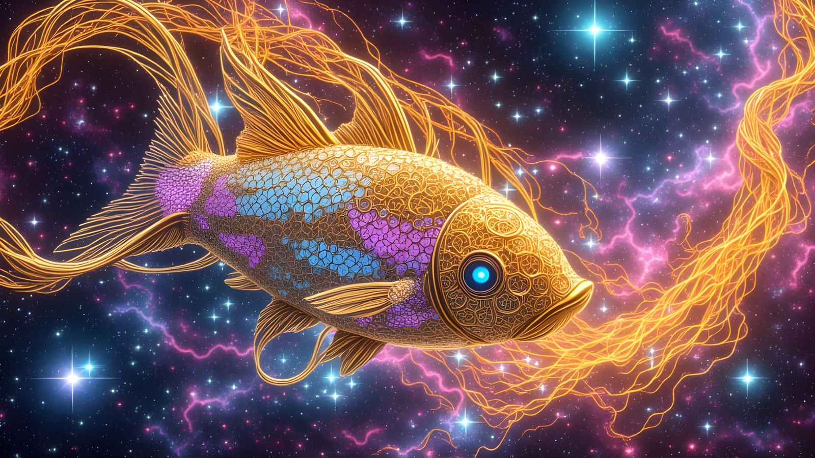 Cosmic Koi Fish in Nebula with Neon Colors