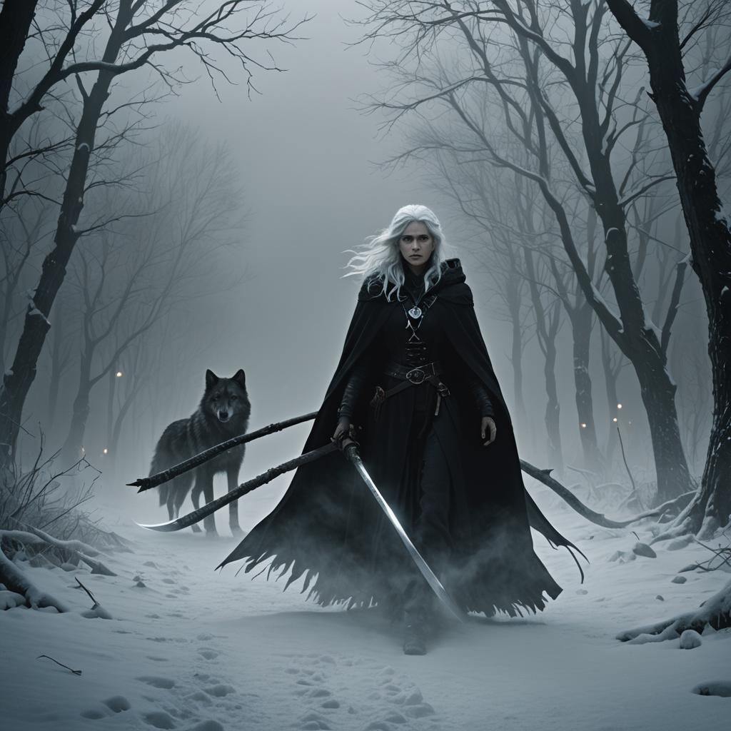 Angelic Grim Reaper with Ice Scythe in Dark Forest