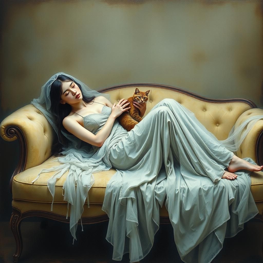 Ethereal Woman with Cat in Surreal Style