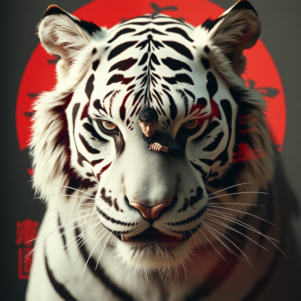 Cyberpunk Tiger's Double Exposure in Japanese Cultural Lands...