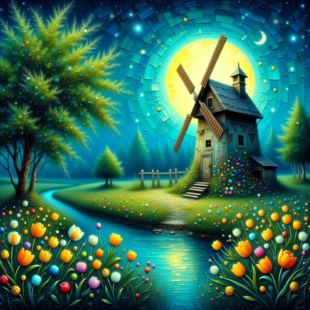 Mystical Nighttime Scene with Old Rustic Windmill and Turquo...