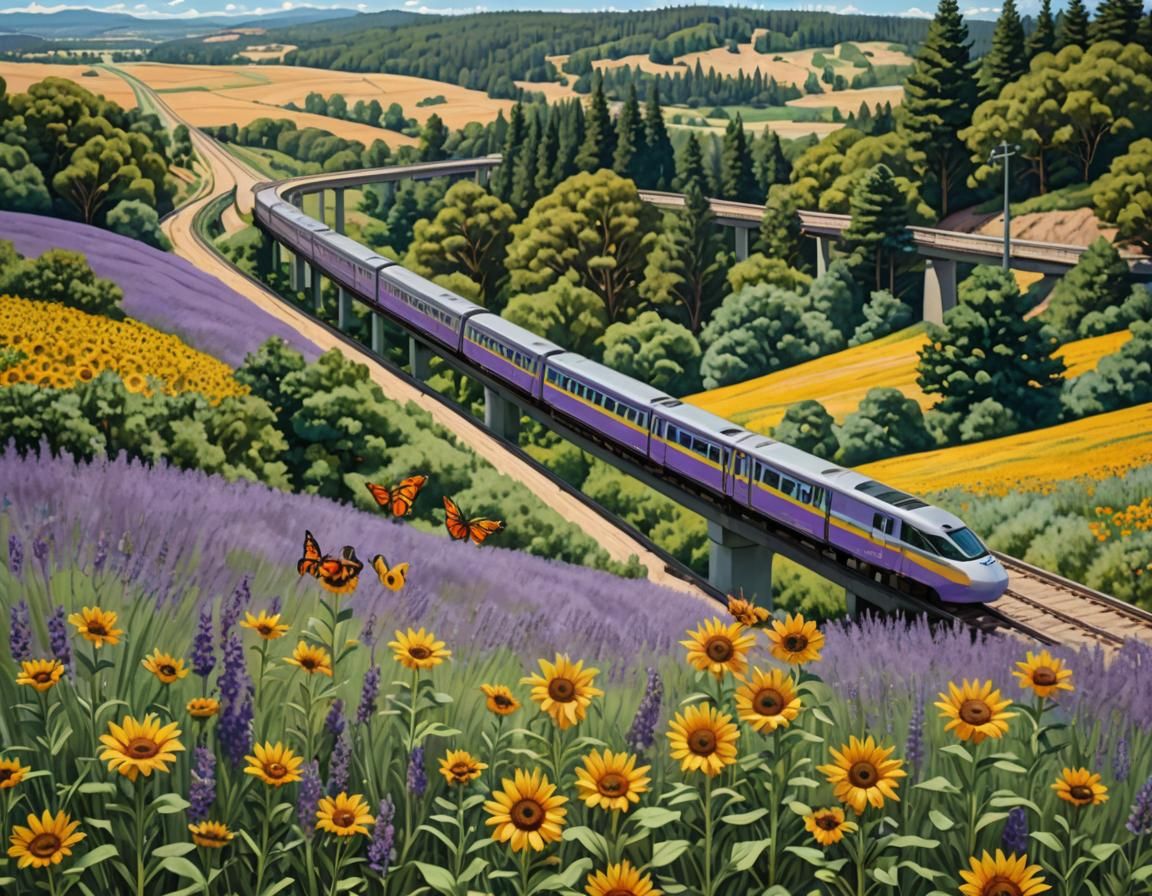 Monorail Train Glides Through Lavender Field