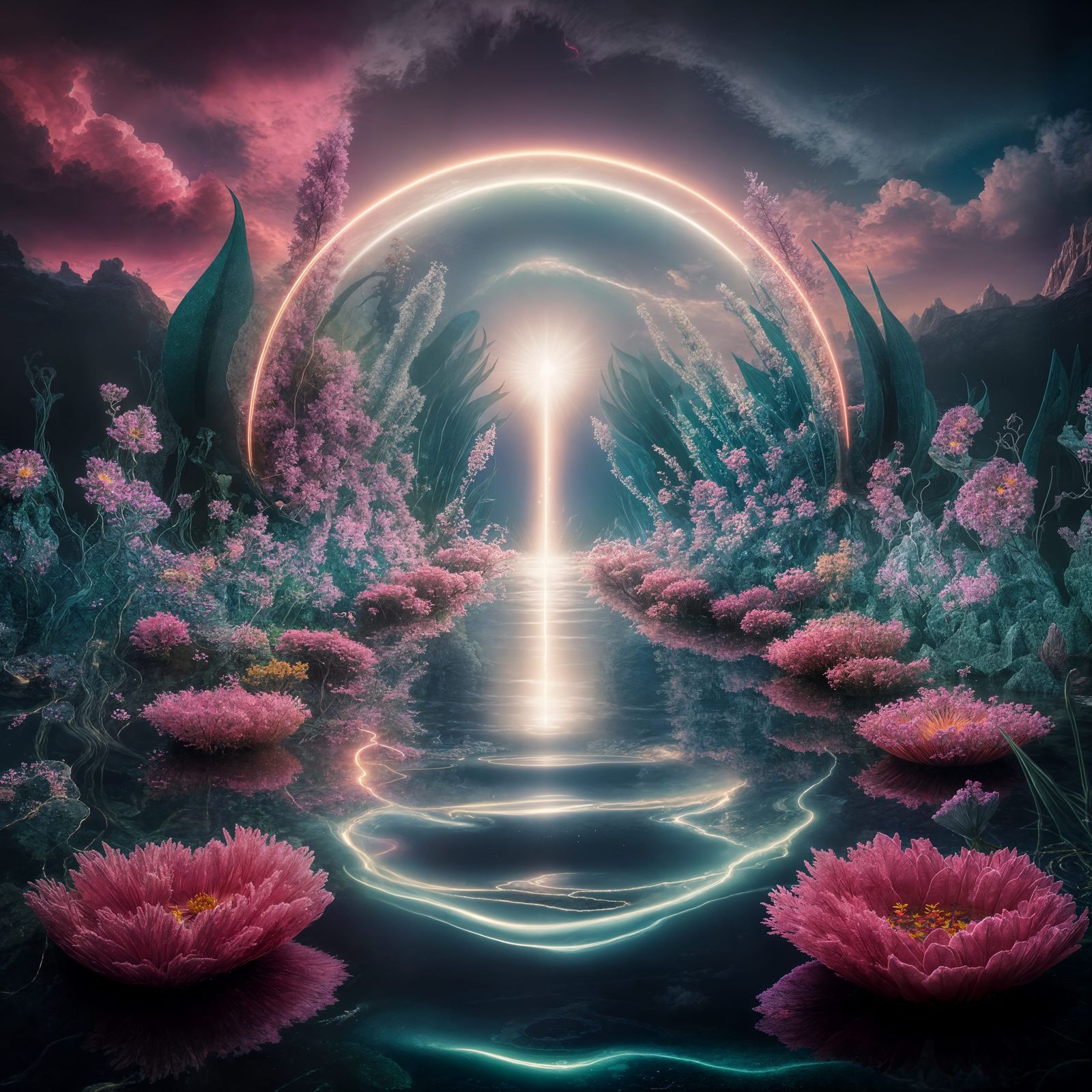 Mystical Portal Reflected in Glass Lake