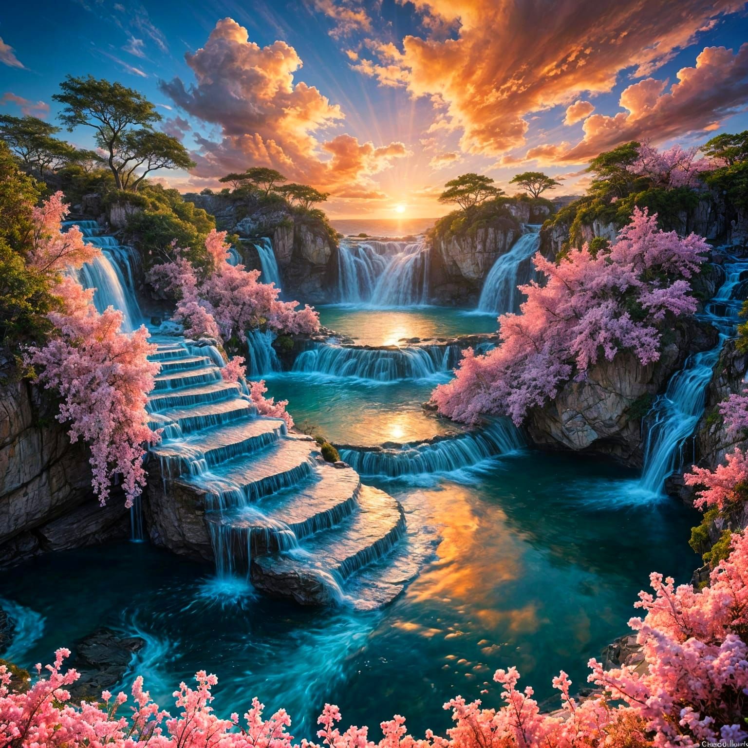 Surreal Dreamscape with Gravity-Defying Waterfalls and Ether...