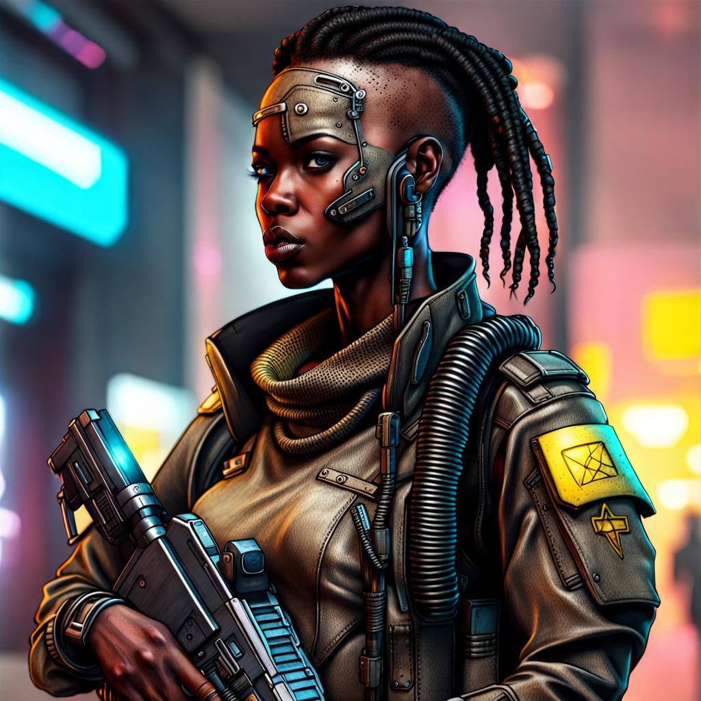 Cyberpunk African Female Soldier in Futuristic Setting