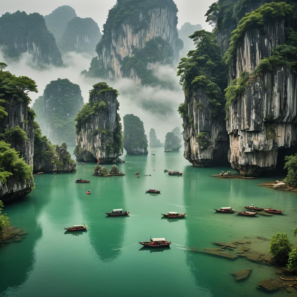 Emerald Karsts Rise from Verdant Shores in Panoramic View