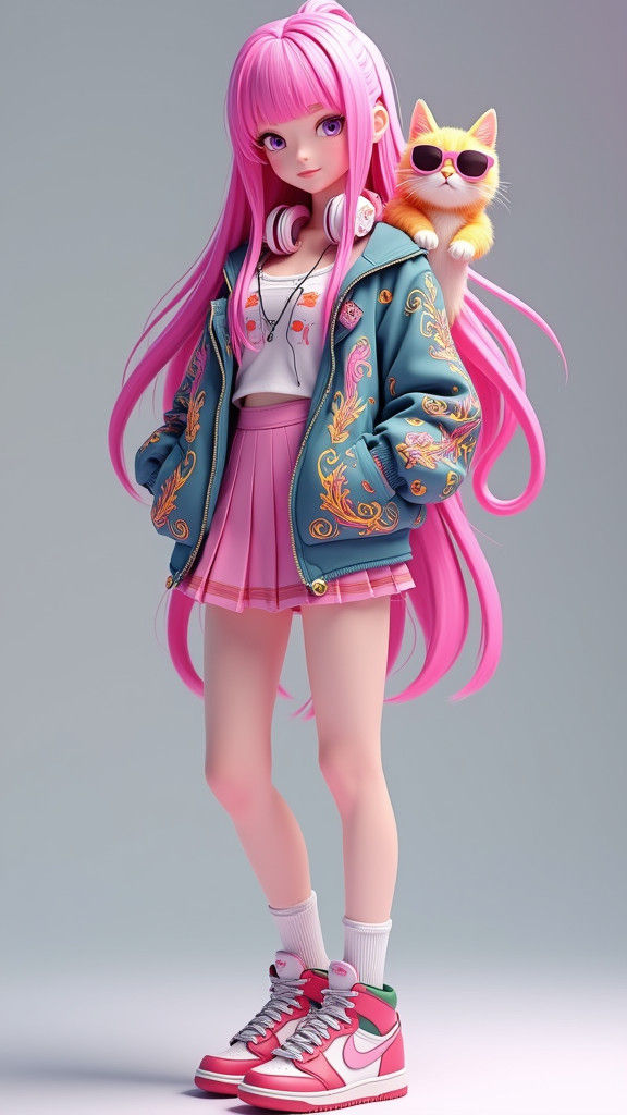 Stylish Woman with Cat in Anime Art Style