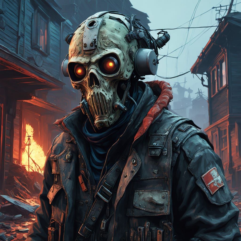 Grotesque Zombie in Tattered Fire Brigade Outfit, Adorned wi...