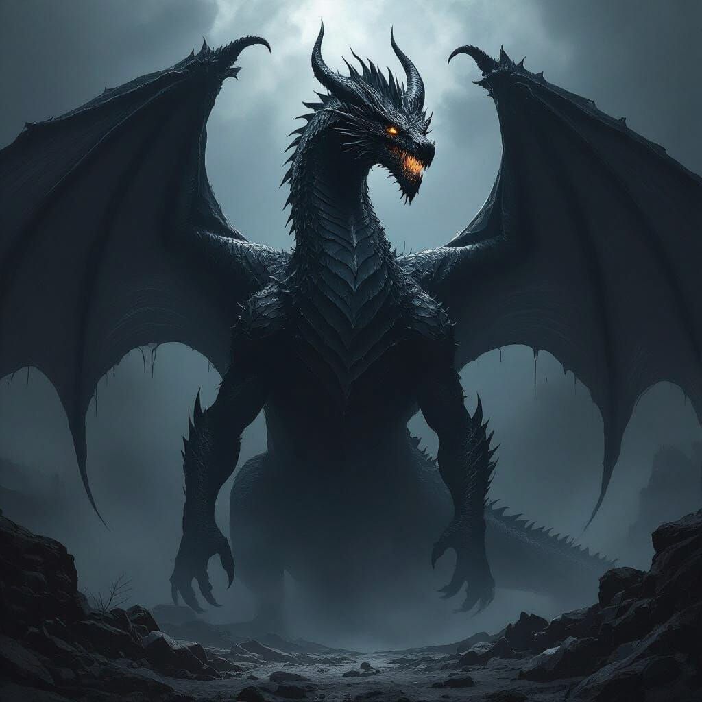 Three-Headed Black Dragon Rising from Shadows