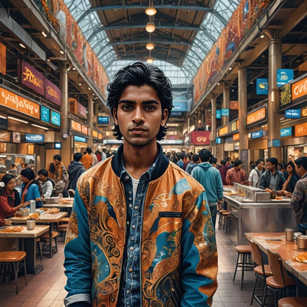 Indian Man in Futuristic Mall, Fantasy Concept Art