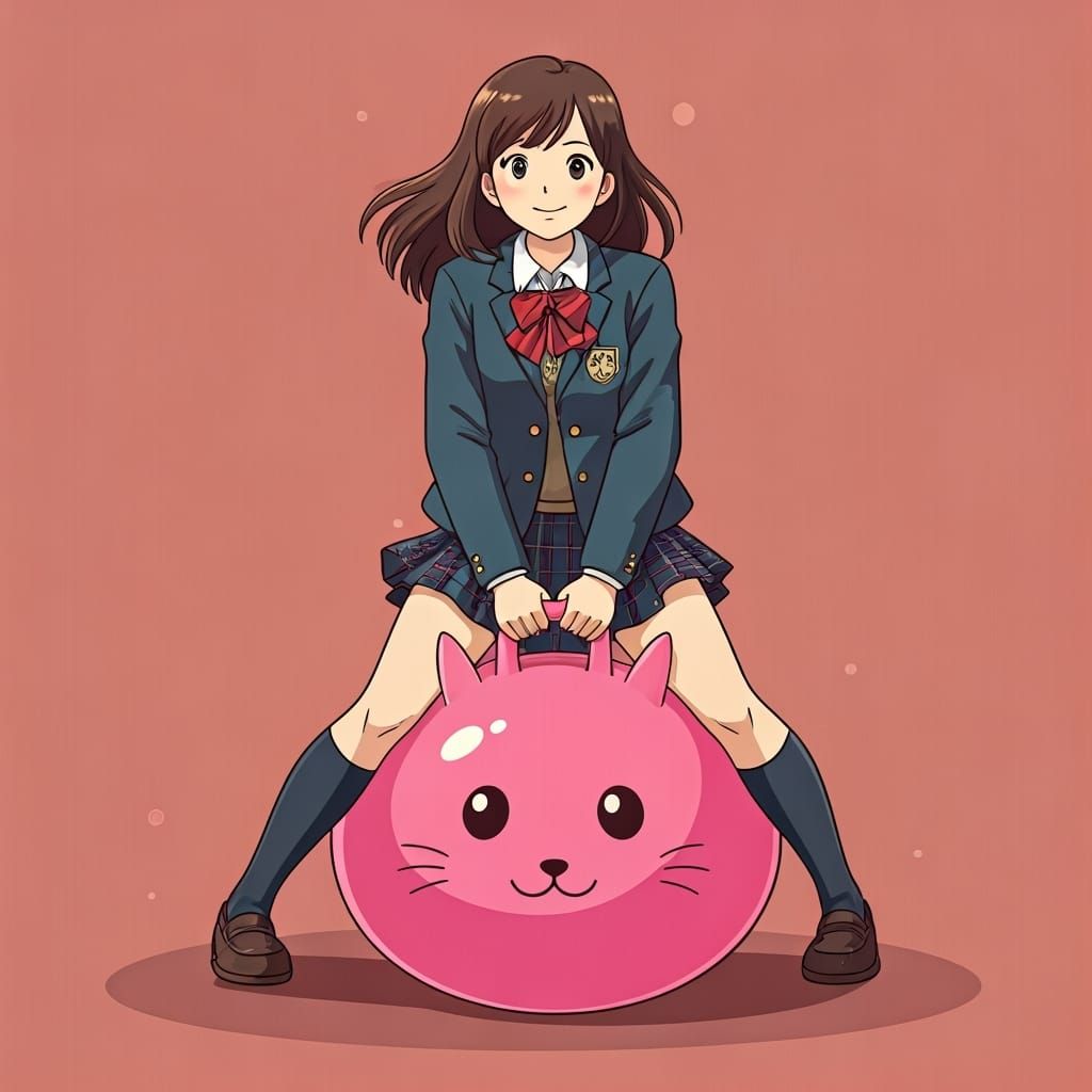 Schoolgirl on Neko Hopper in Studio Ghibli Style