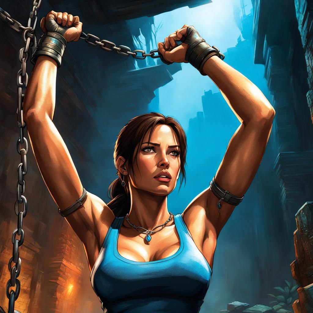 Lara Croft Chained in Dungeon: Hyperrealistic Concept Art