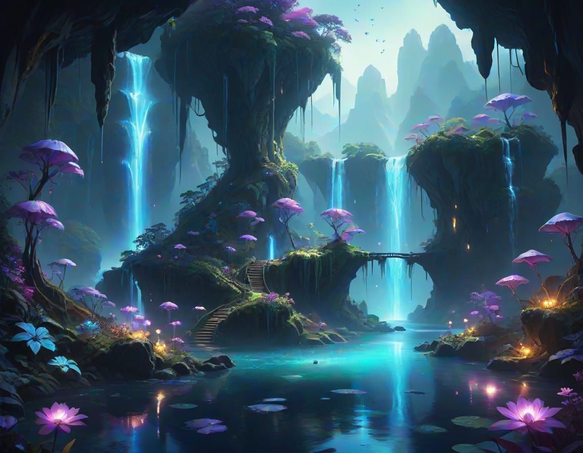 Fantasy World of Floating Islands and Luminescent Life