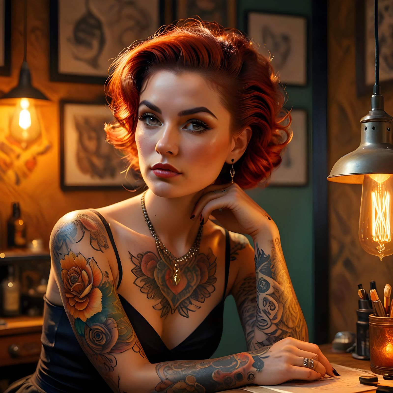 Vintage Pinup Tattoo Artist in 1950s Studio