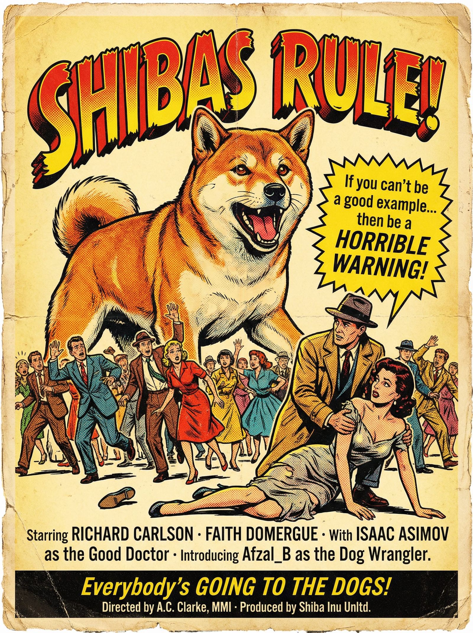 Giant Shiba Inu Attacks City in 1950s B-Movie Poster Style