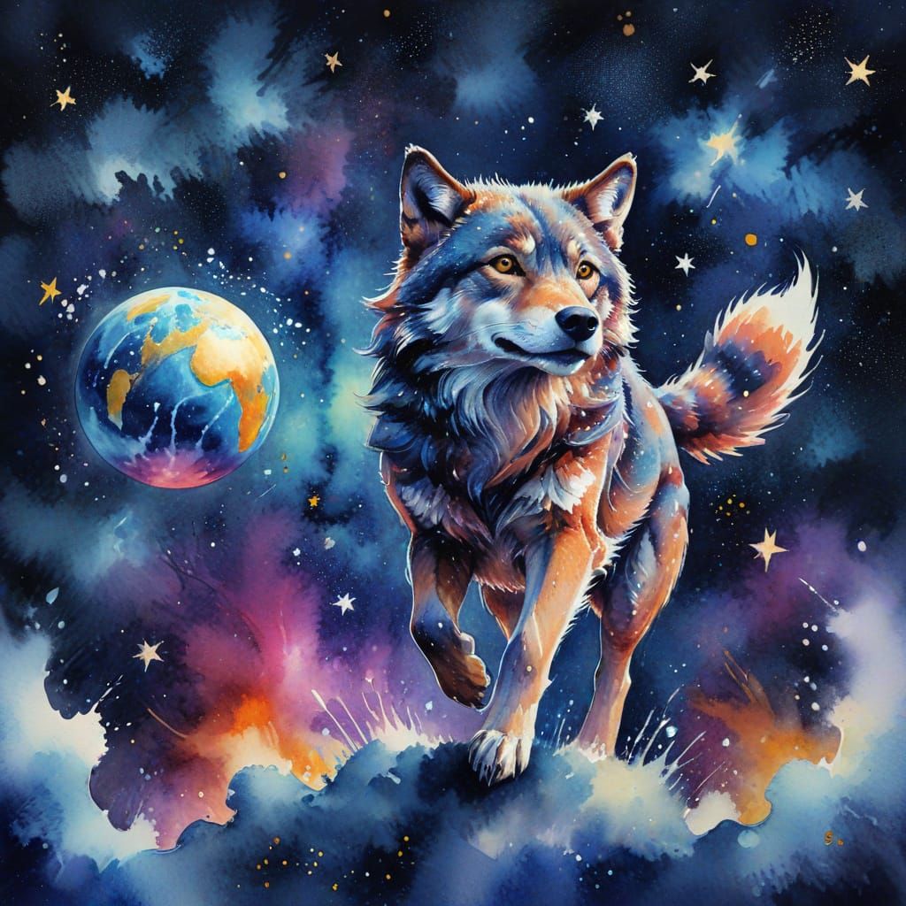 Watercolor Wolf Leaps from Galaxy to Globe