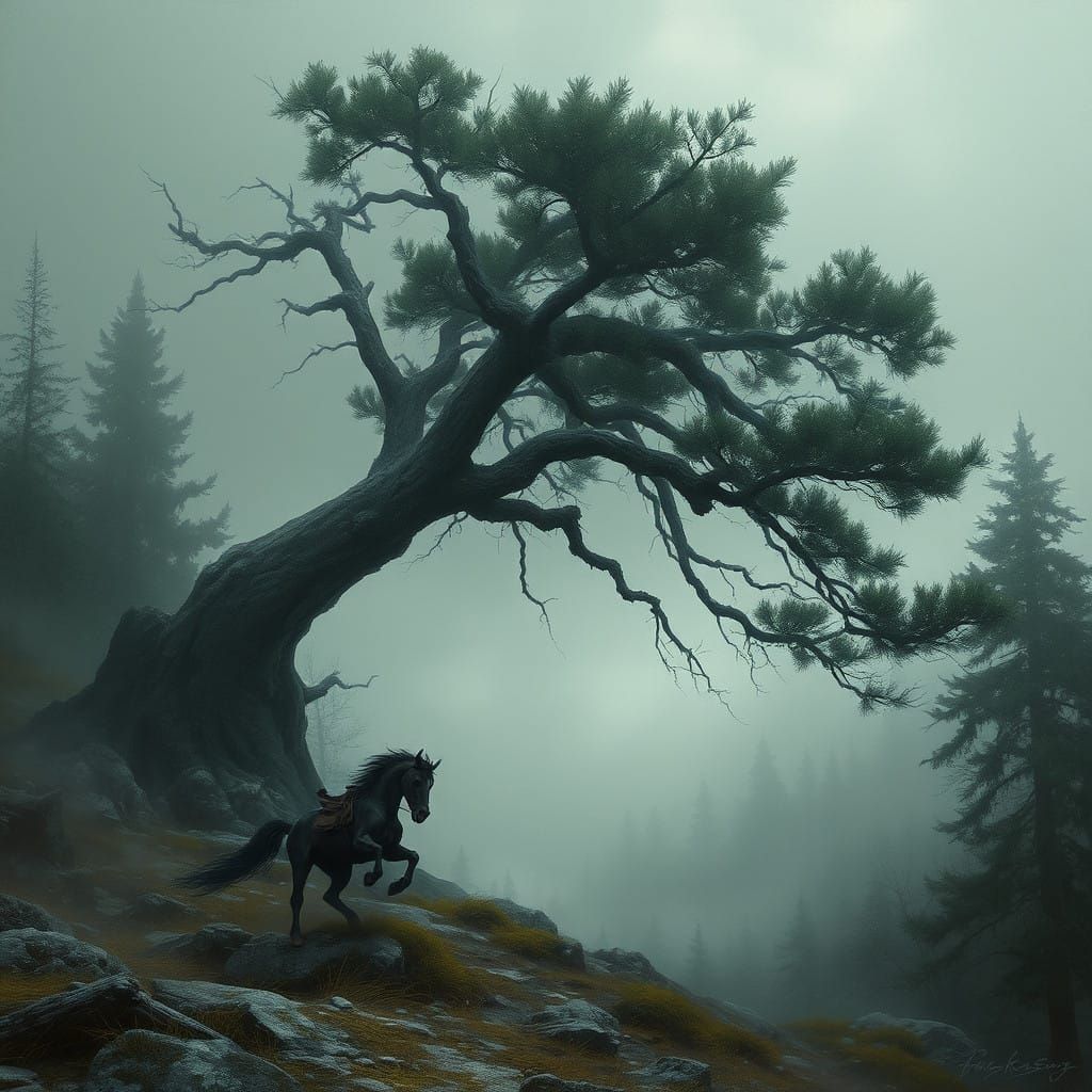 Majestic Old Tree and Steed in a Haunting Landscape