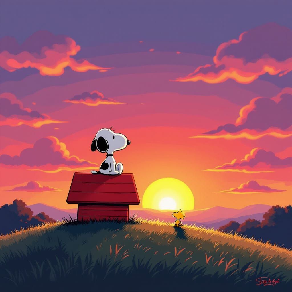 Snoopy and Woodstock Enjoying a Vibrant Sunset