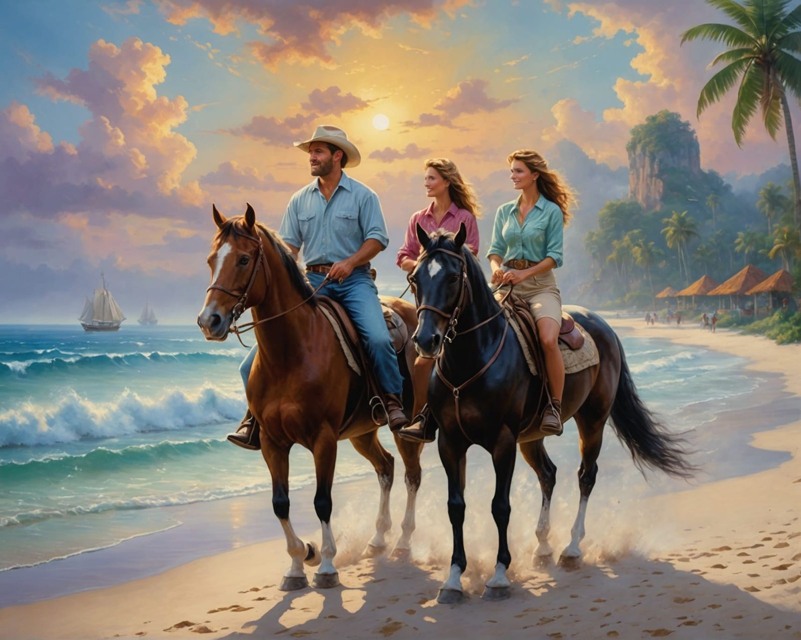 Tropical Beach Horse Ride: Ethereal Oil Painting