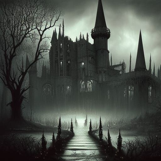 Eerie Gothic Castle and Black Rose Garden