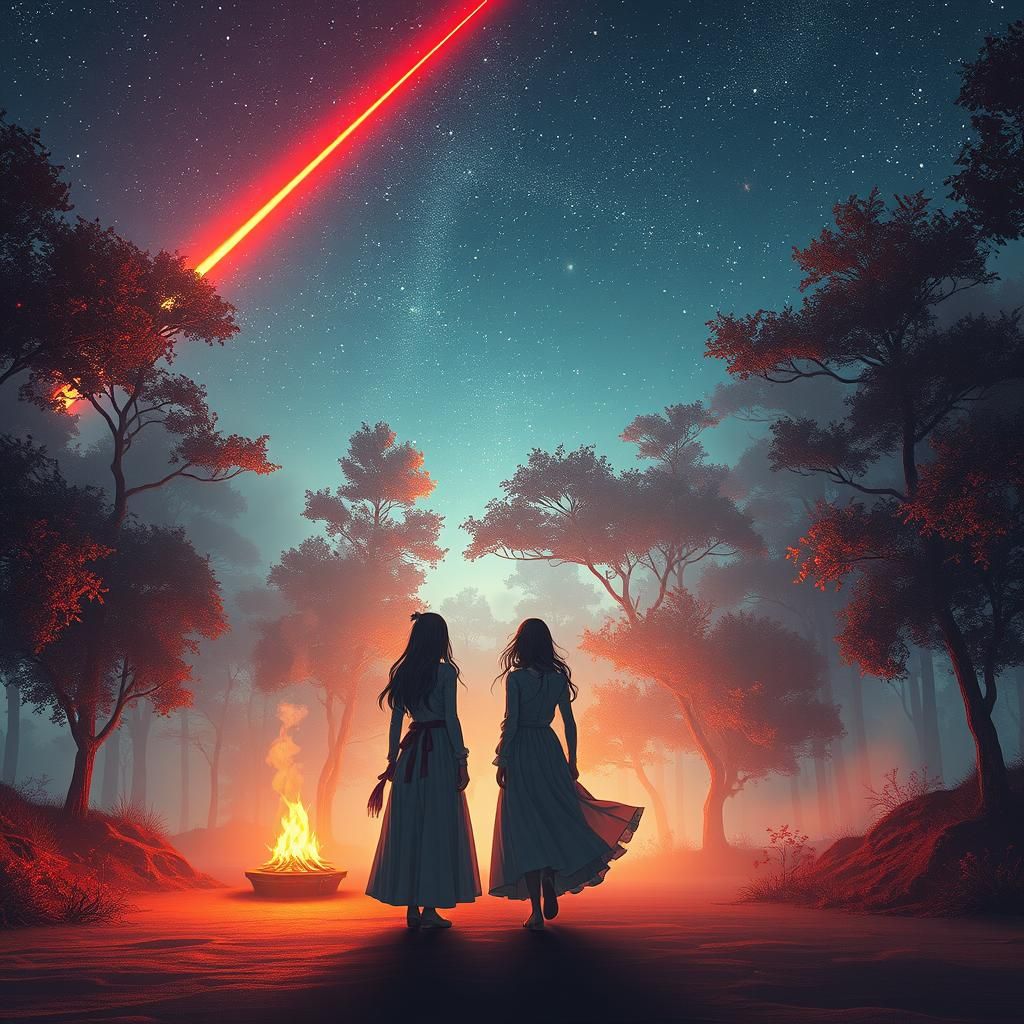 Mystical Island Bonfire Under Red Comet Sky