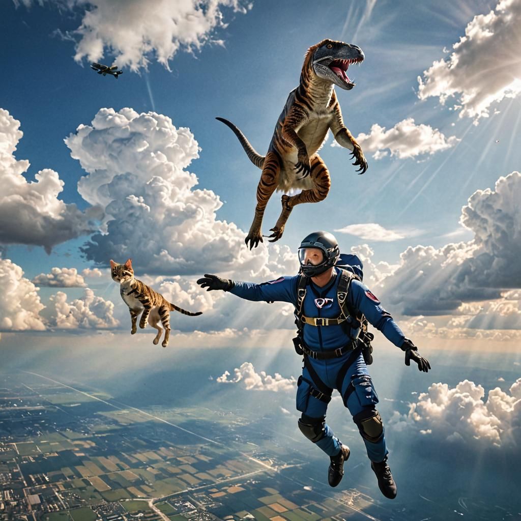 Skydiver, Cat, and Raptor in Freefall: Digital Art