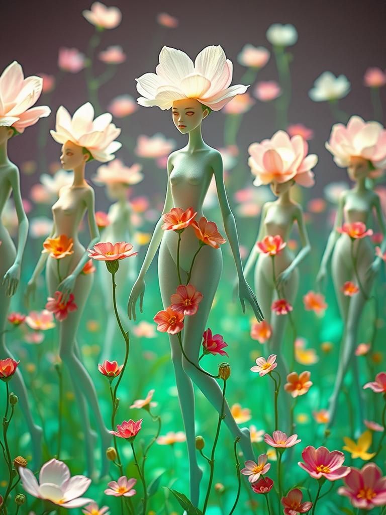 Ethereal Anthropomorphic Flowers in a Dreamlike Scene