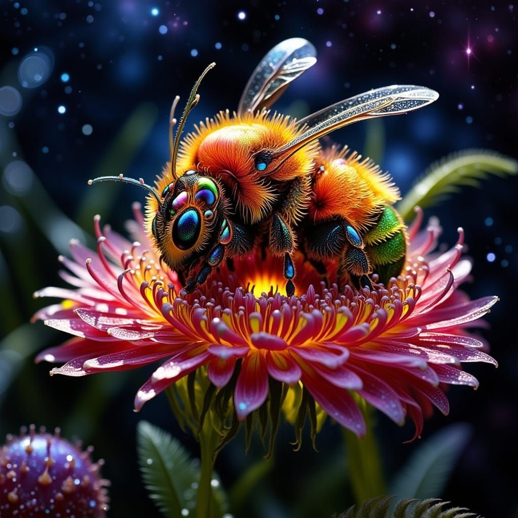 Cartoon Bee Sleeping in Starry Fractal Galaxy