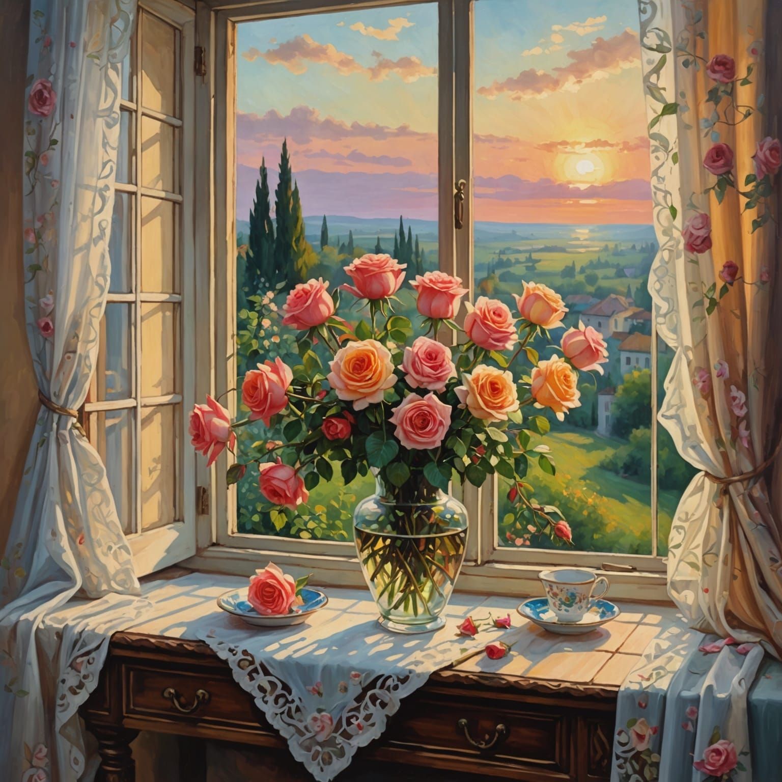 Roses at Dawn: Oil Painting in Vivid Detail