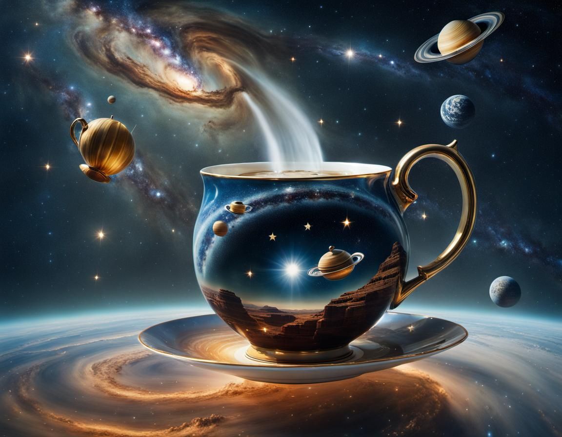 Retrofuturistic Teapot Planet with Hyperealistic Galaxy Tea....