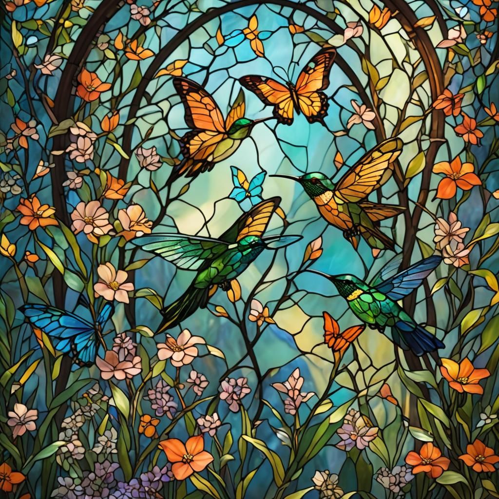 Stained Glass Spring Landscape with Butterfly