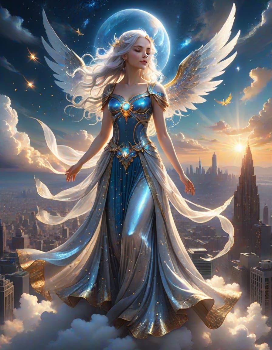 Celestial Goddess Overlooking Cityscape in Digital Painting