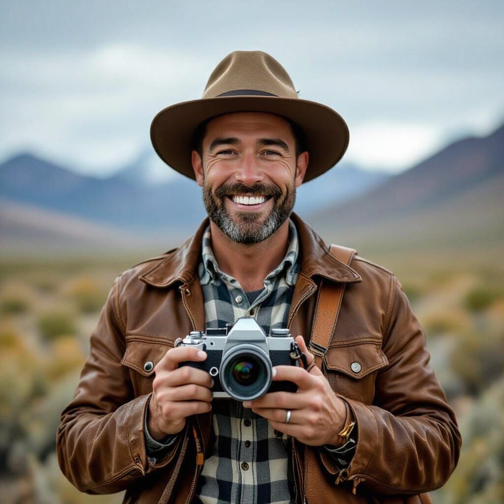 Traveler Sports Journalist with Camera in Leather Jacket