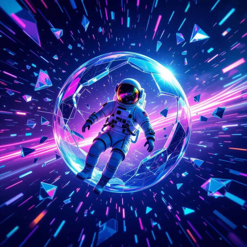 Astronaut in Shattered Glass Sphere in Cosmic Space
