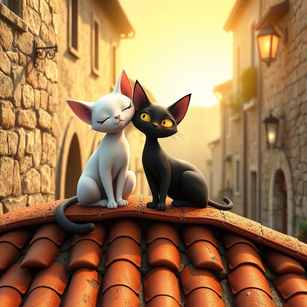 Whimsical Cartoon Cats on Rustic Tile Roof