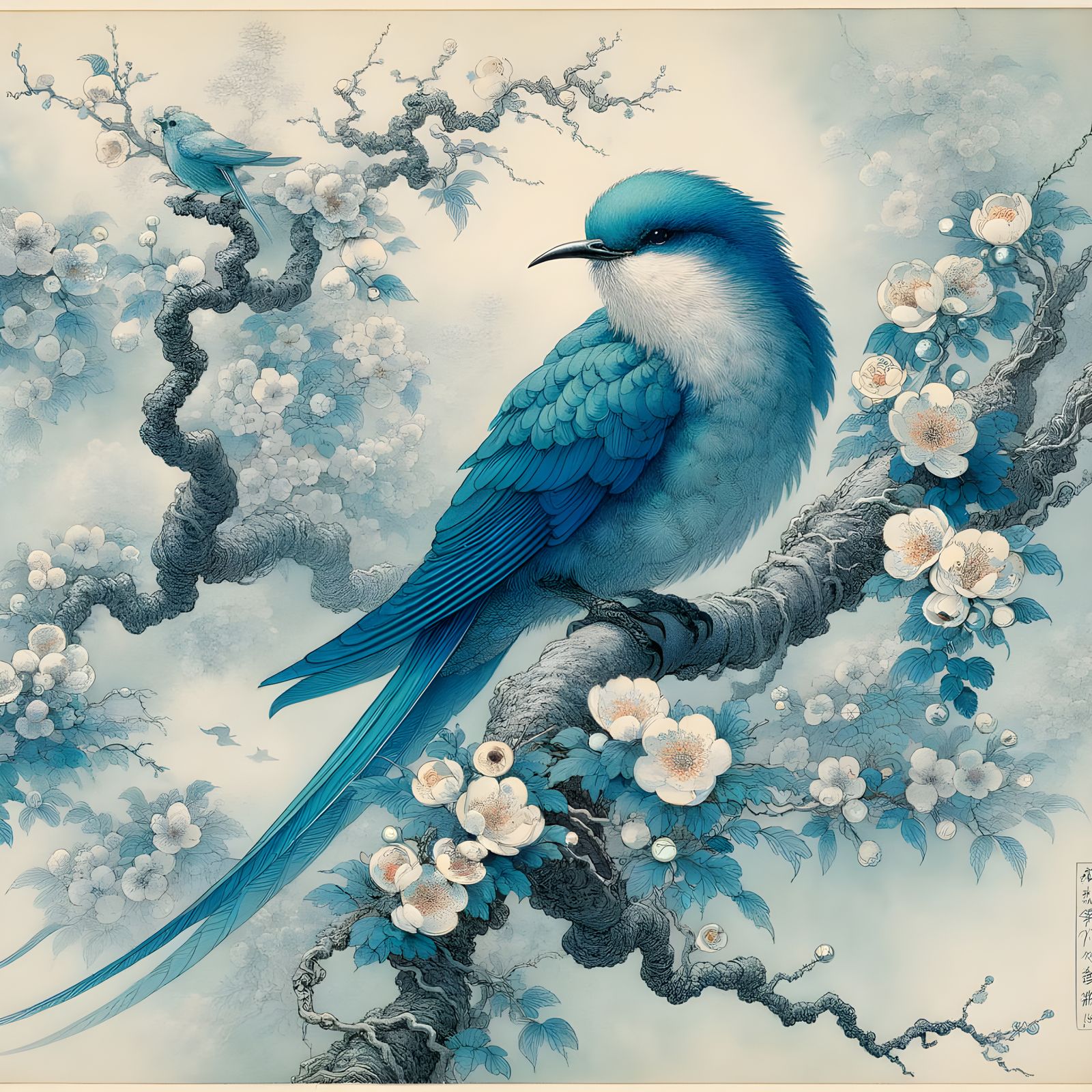 Blue Bird in Flowering Tree Watercolor Painting