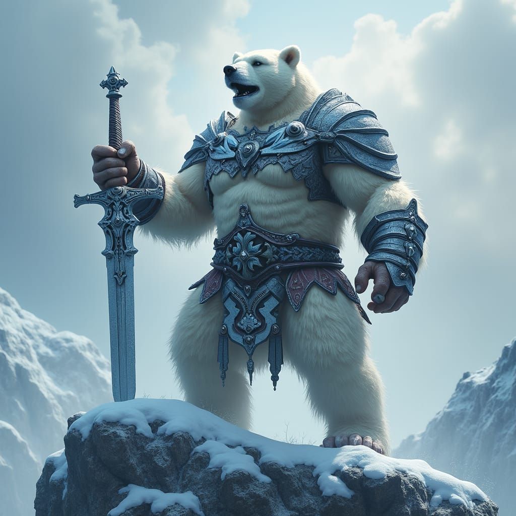 Polar Bear Warrior on Mountain, Fantasy Concept Art