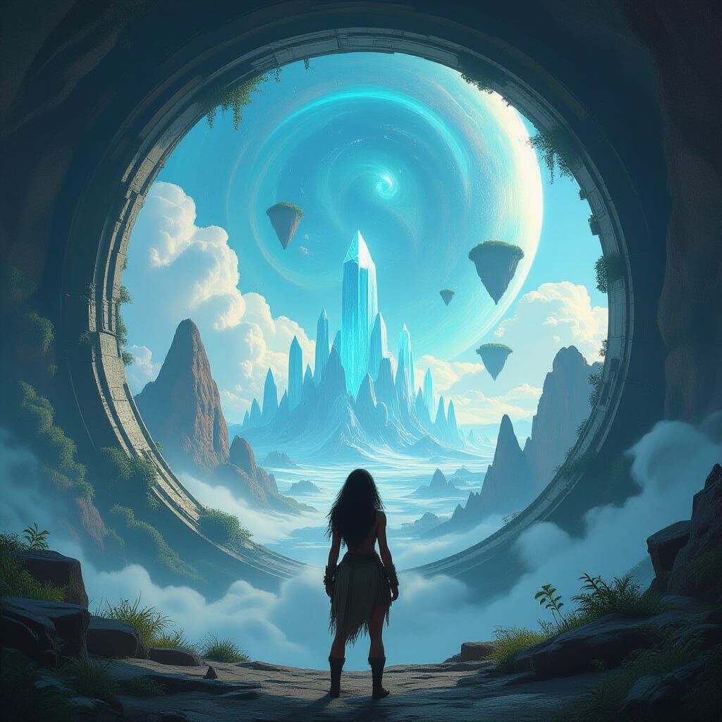 Cavewoman Gazes at Alien Portal in Digital Art