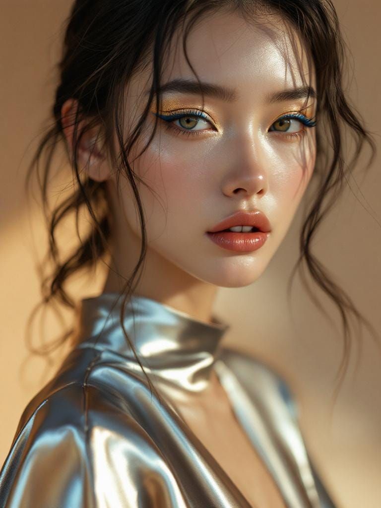 Fashion Model in Silver Top with Golden Lips