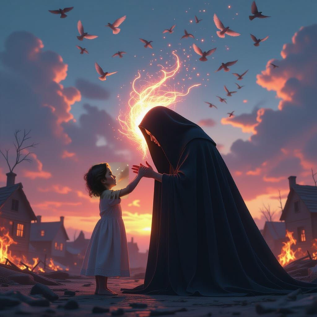 Child Healer Soothes Mother Amidst Fiery Devastation