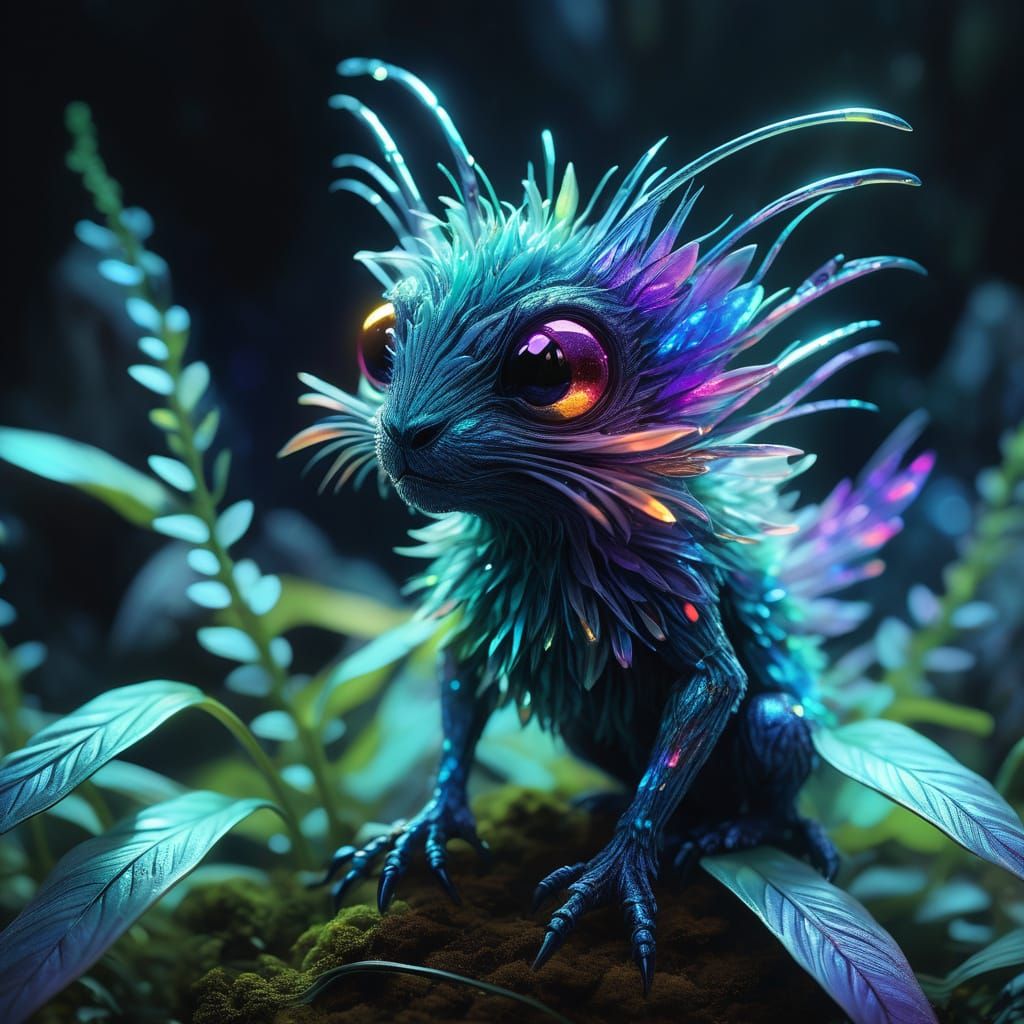 Surreal, Macro, Rainbow Fuzzy Critter on Glowing Plants