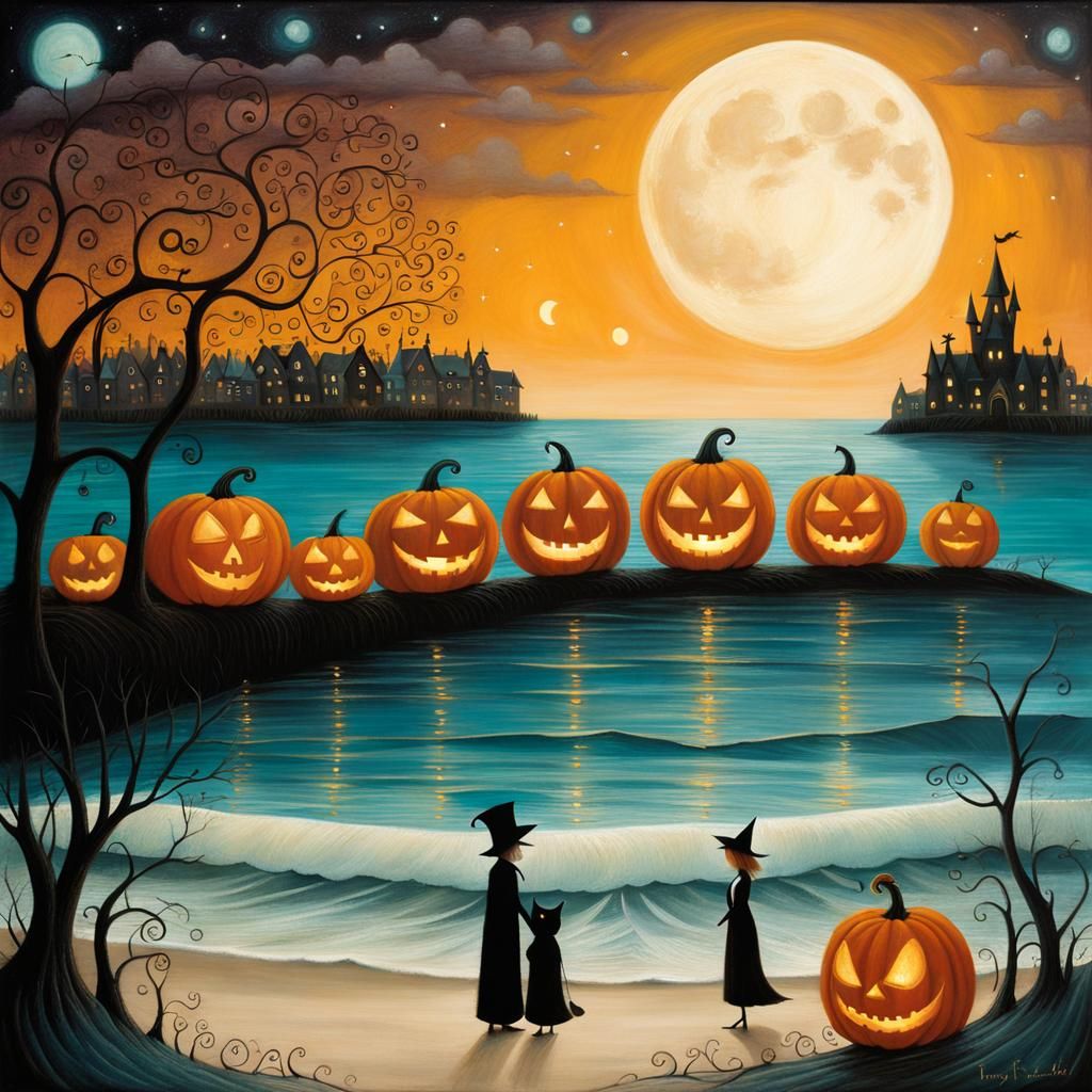 Surreal Pumpkin Beach Stroll in Gothic Style