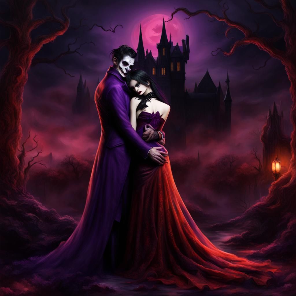 Purple Vampire Couple in Dark Embrace
