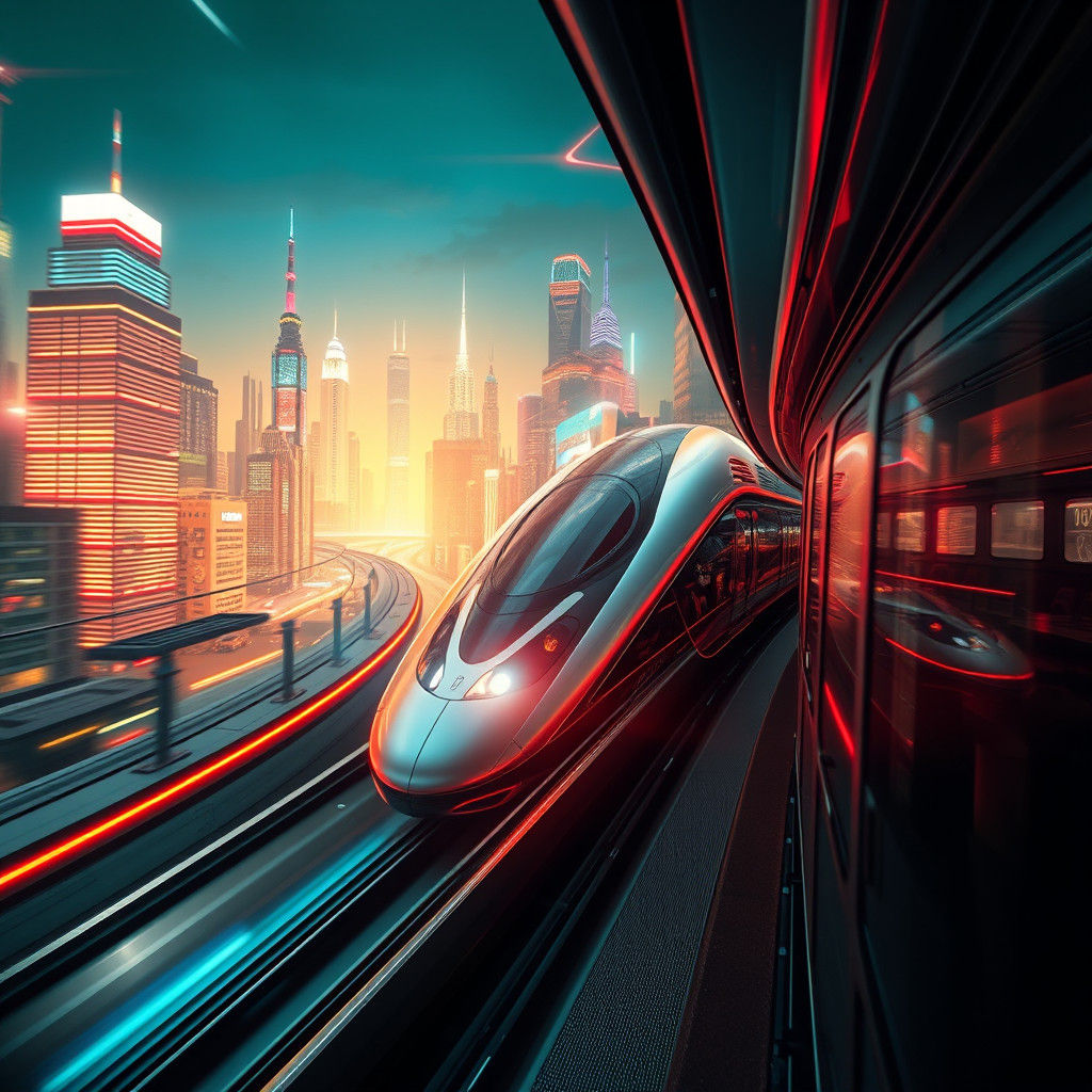 Cyberpunk Train Speeds Through Neon Cityscape