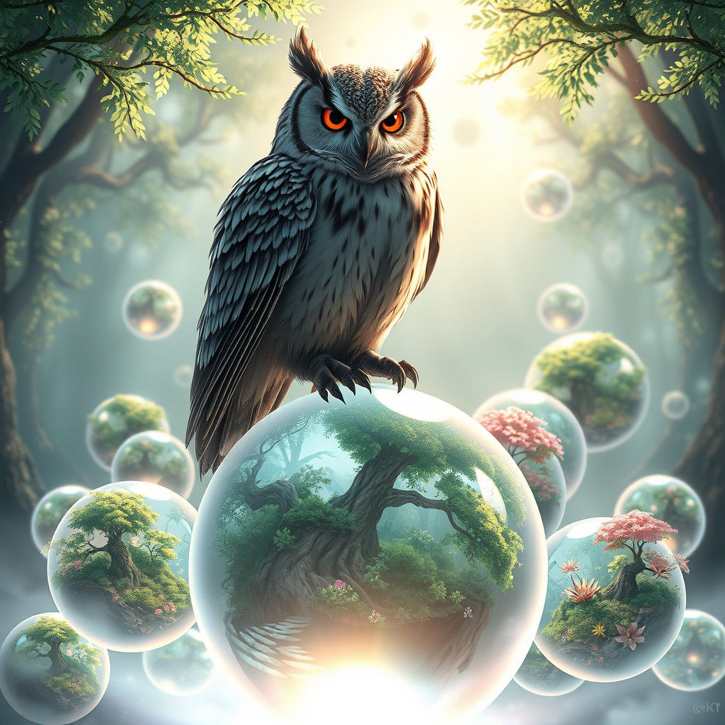 Owl Perched on Forest Orbs in 3D Anime Style