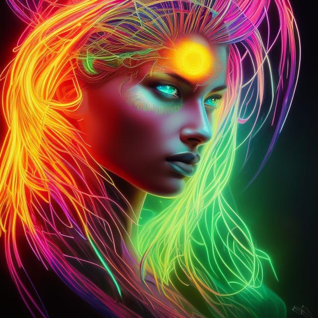 Neon Lightning Storm Goddess Portrait in 80s Style
