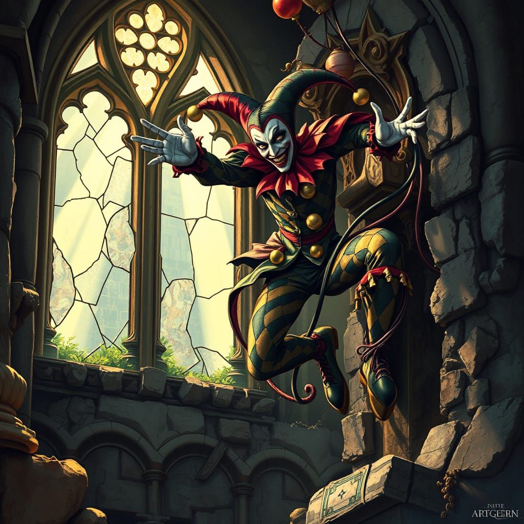 Cyberpunk Harlequin Jester Leaps Through Cathedral Window