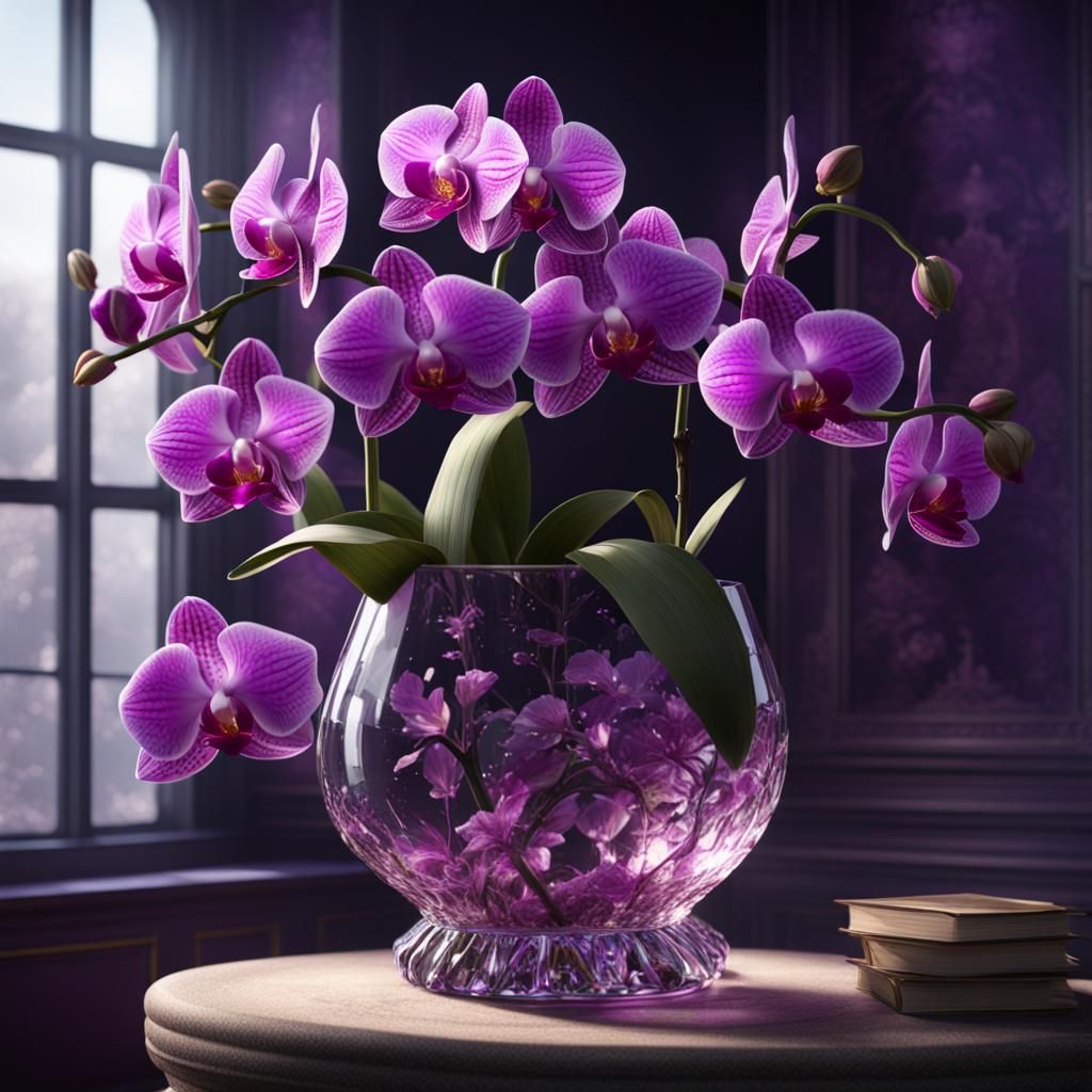 Purple Orchids in Crystal Vase: Matte Painting