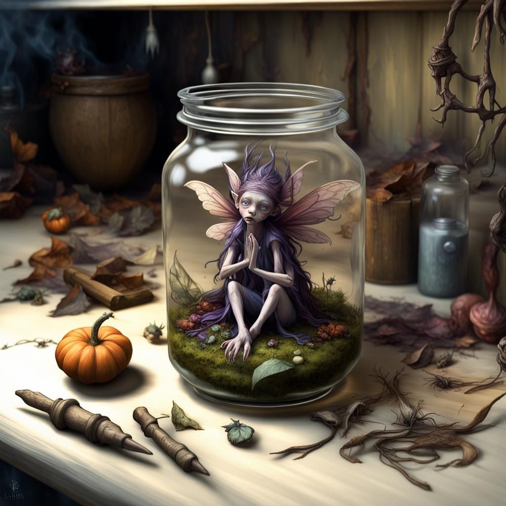 Fairy in Jar: Brian Froud-Inspired Dark Fantasy Art